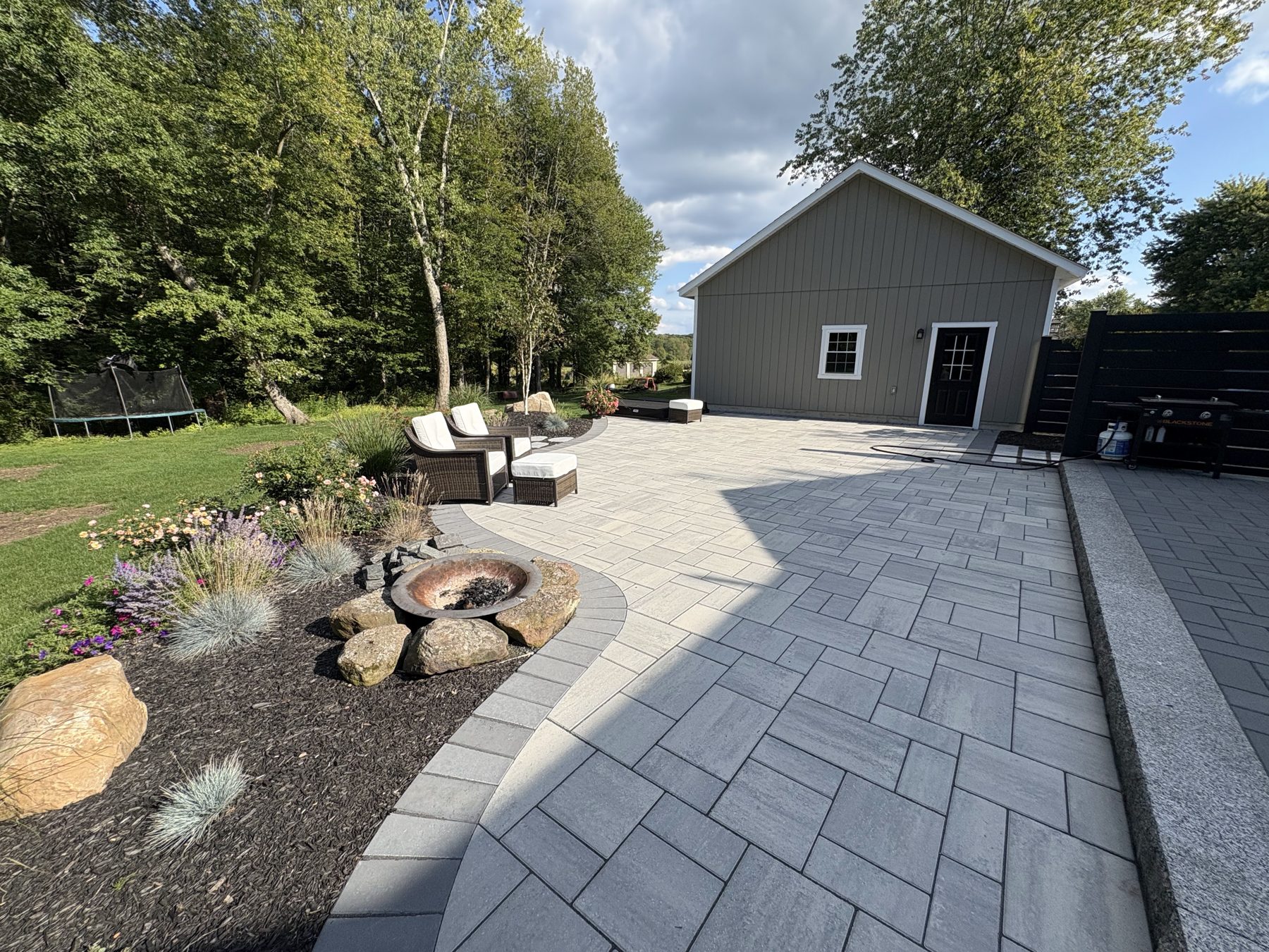 Finished paver patio with firepit and landscape beds