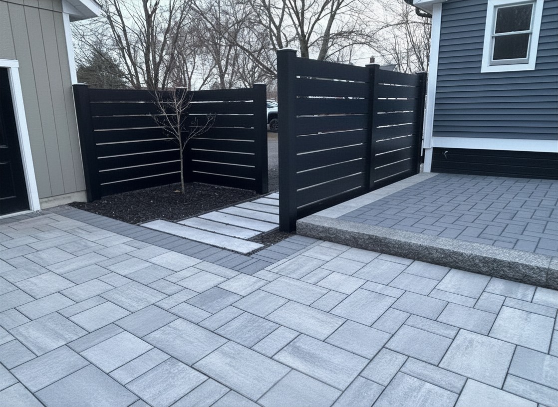 Paver patio with granite step and black horizontal privacy fence