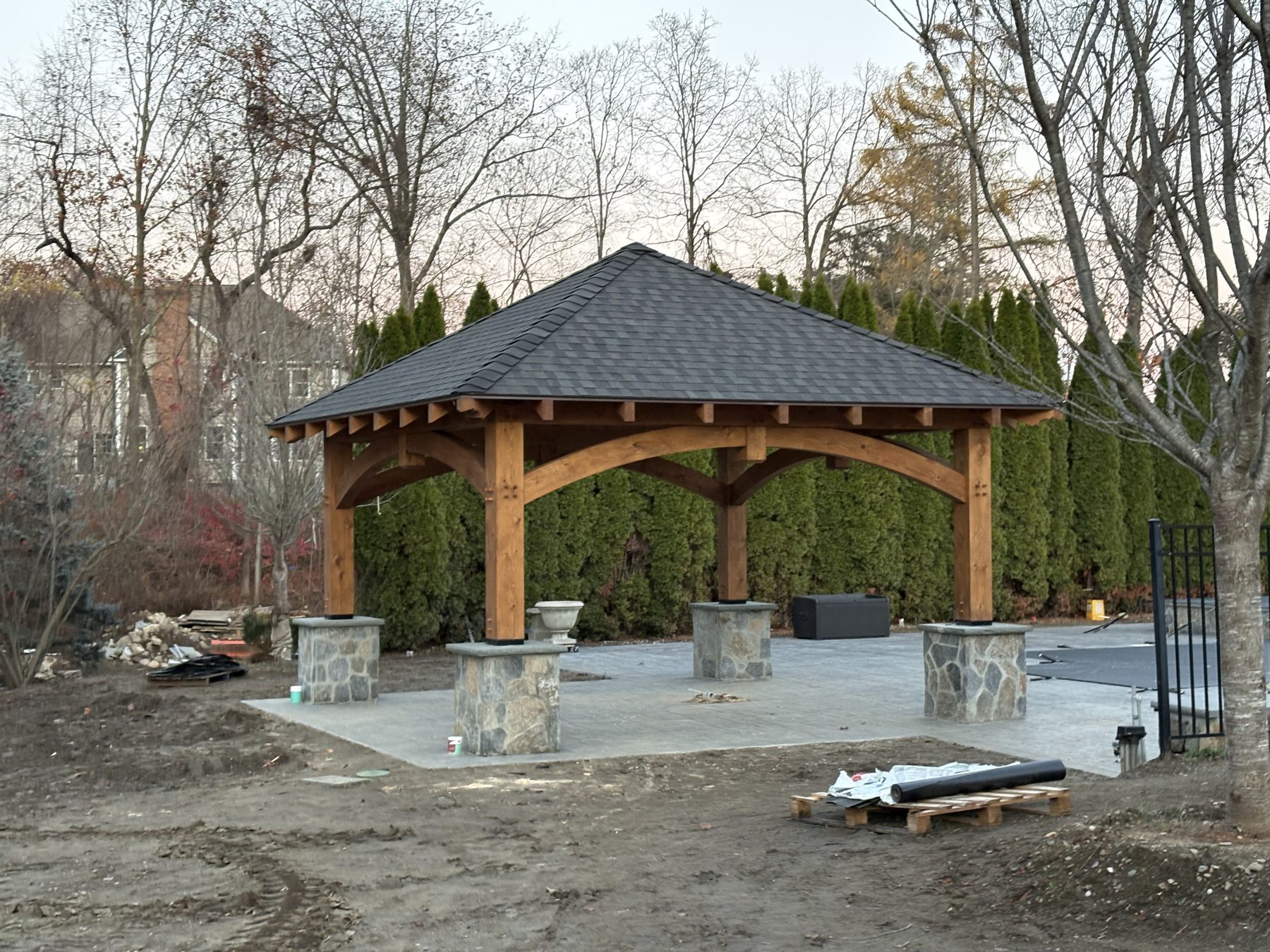 Finished timber frame pavilion on stone piers